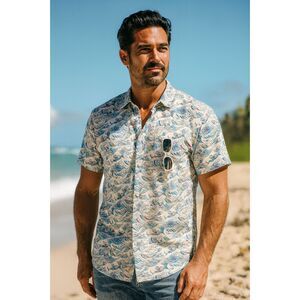 California Cowboy Japanese Wave Button Up Short Sleeve Shirt  Mens Size Medium